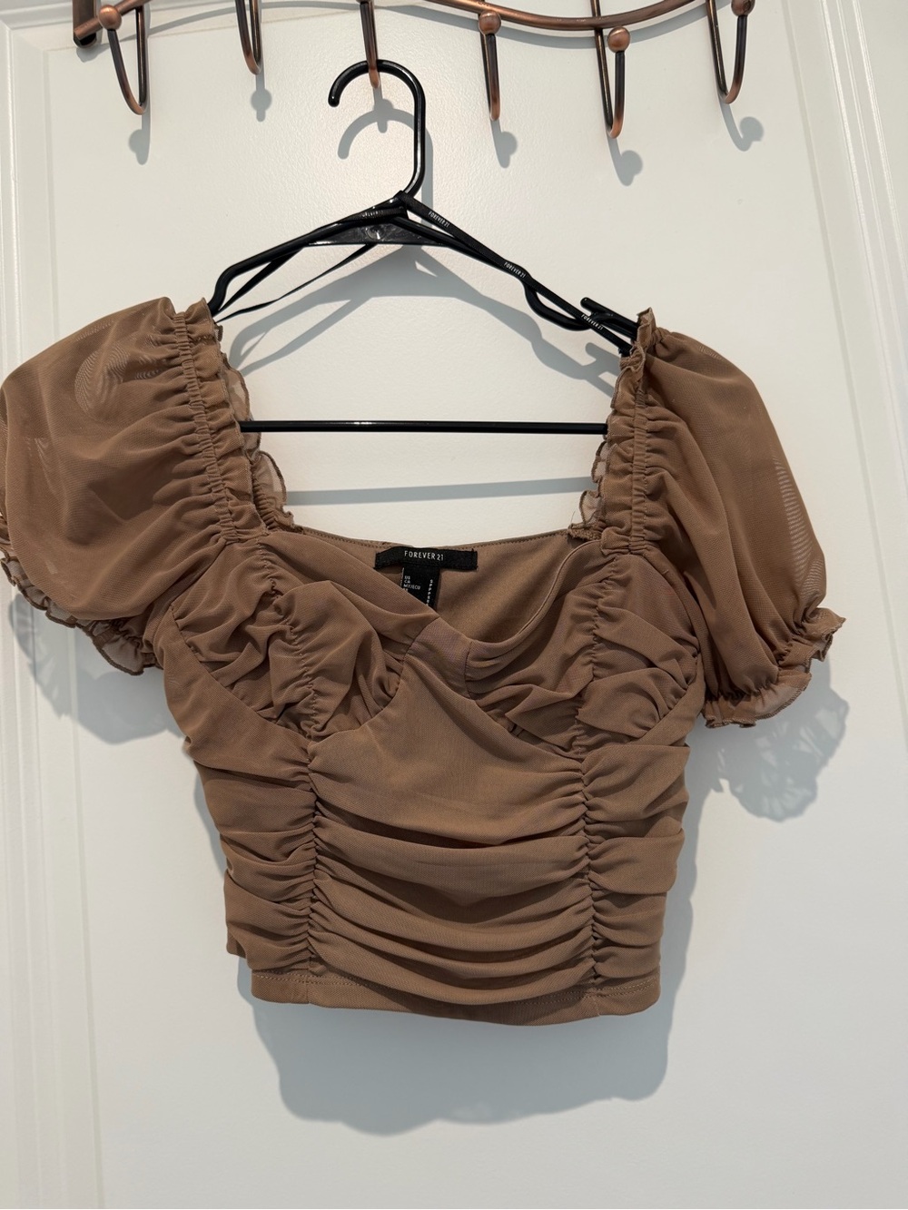 Forever 21 Brown Ruched Puff Sleeve Crop Blouse